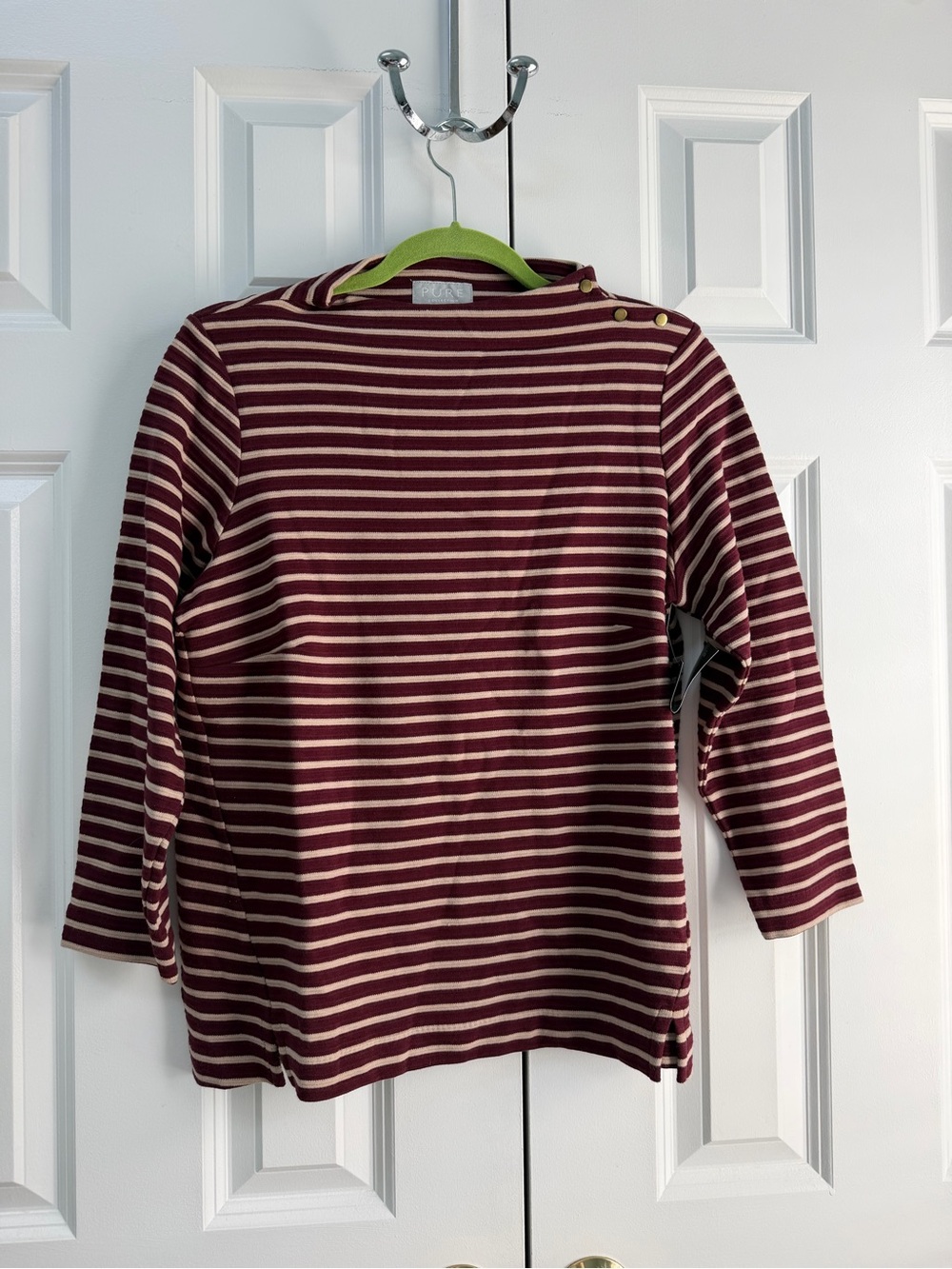 Pure Collection Burgundy and Cream Striped 3/4 Sleeve Top with Shoulder Buttons